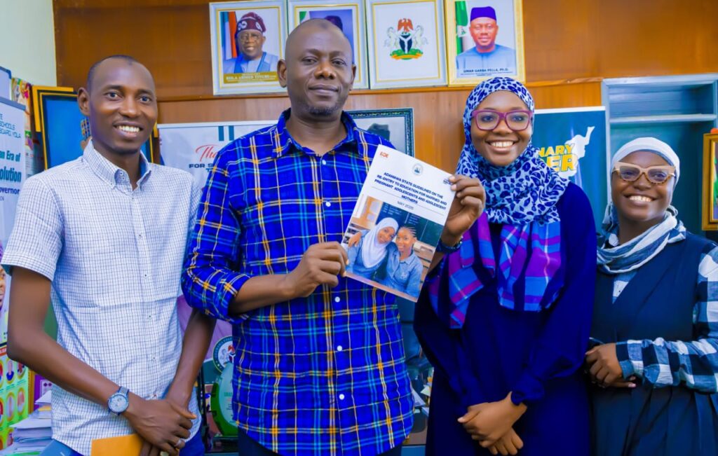 Adamawa adopts re-entry guidelines for married, pregnant girls The Honourable Commissioner, Umar Garba Pella, and the ACE Charity team after the formal endorsement of the Adamawa State re entry guidelines for married and pregnant adolescents into schools